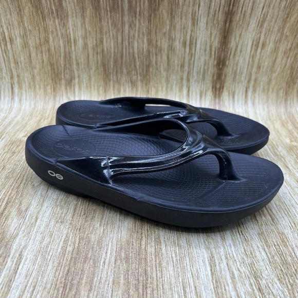 Oofos Oolala Luxe Thong Women's Size 8 Sandal Black Recovery Comfort Flip Flops - Picture 1 of 9